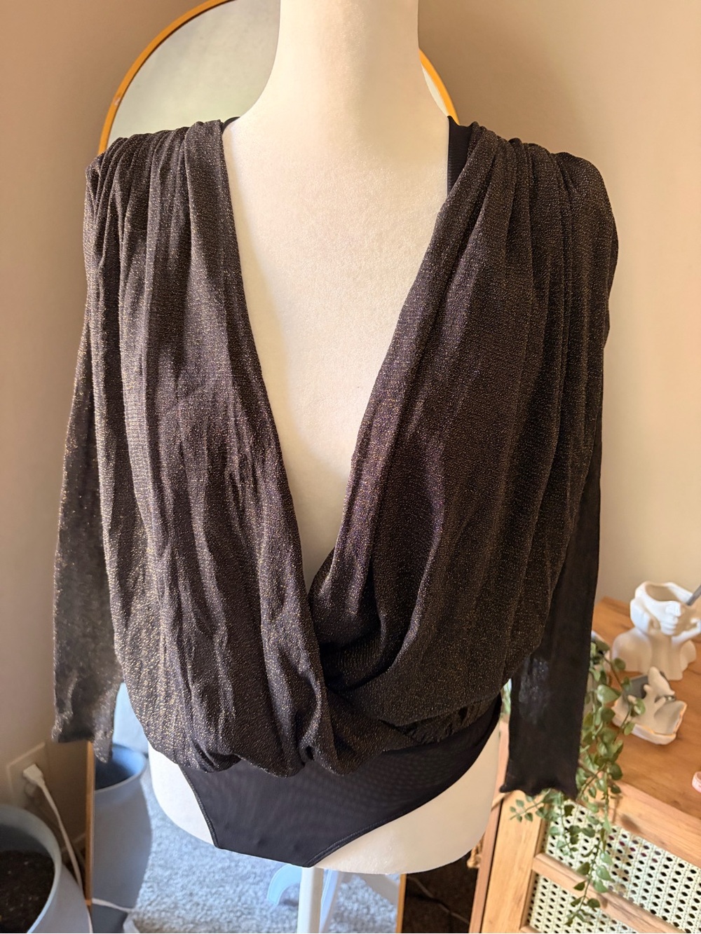 Abercrombie & Fitch Metallic Black Draped Bodysuit